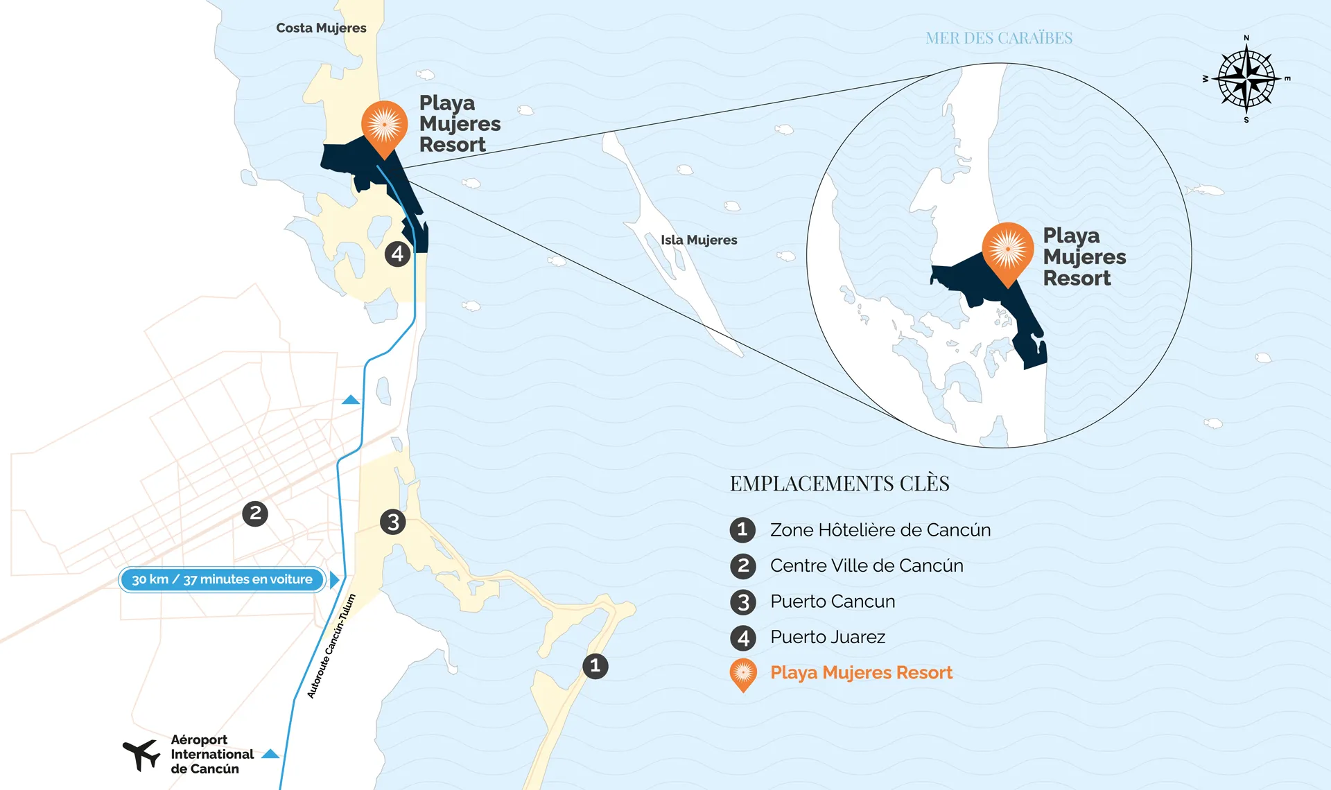 Plan de localisation de Playa Mujeres